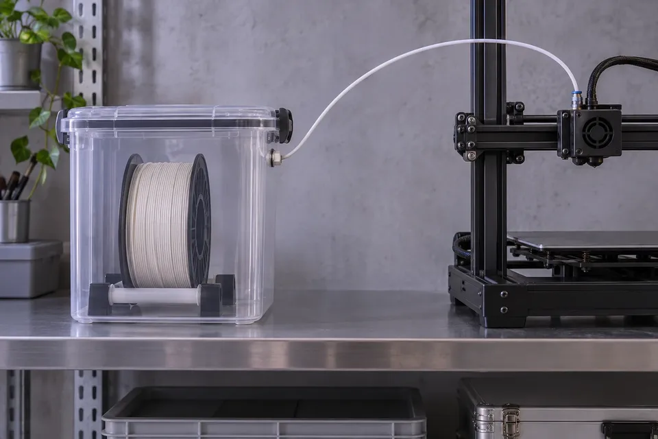 Conceptual dry-box setup with a broad white PTFE tube arc leading toward an unbranded desktop printer.