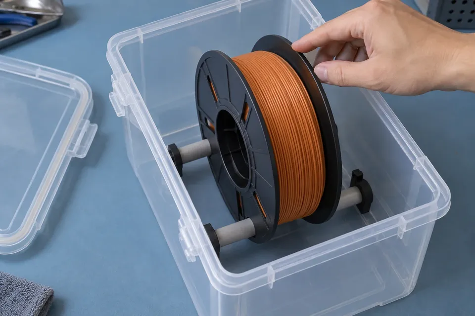 Illustrative close-up of a hand checking the flange of an unbranded spool inside an open roller-supported box.