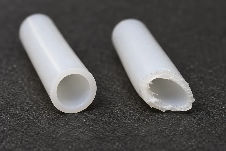 Close-up comparing a clean round PTFE tube opening with a damaged, distorted cut end.
