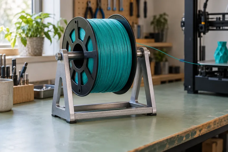 Teal filament reel supported on a horizontal axle stand on a workbench.
