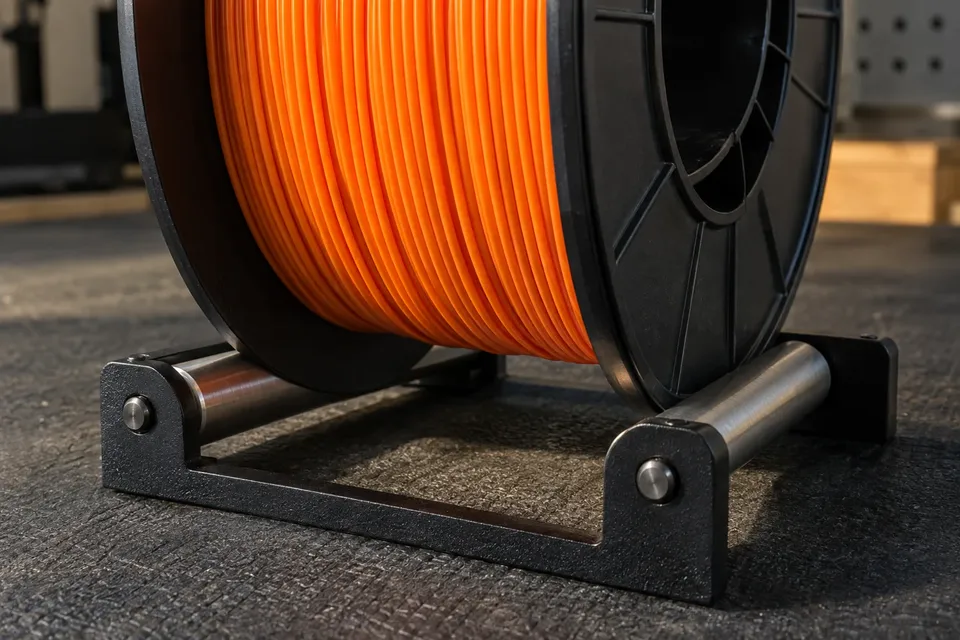 The bottom flange rims of a filament reel resting on a two-roller cradle.