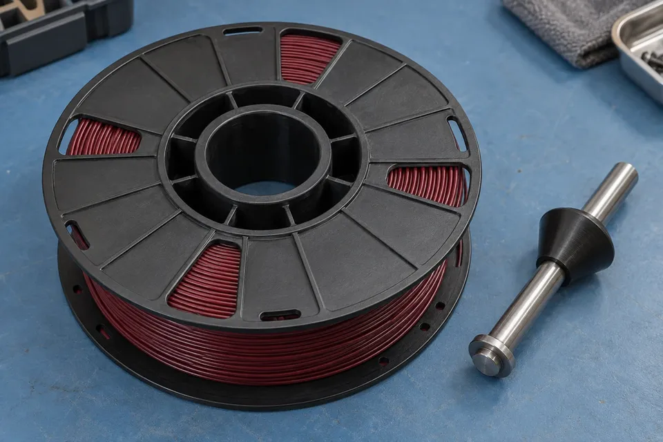 Filament spool centre hole beside a metal support axle and conical spacer.