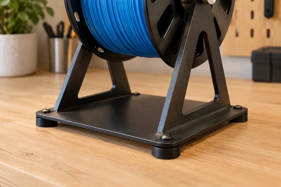 Broad base and rubber feet beneath a freestanding filament spool holder.