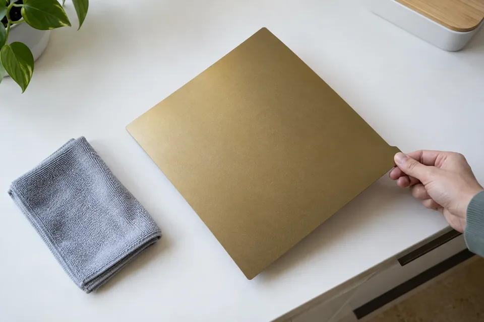 Removable gold PEI print sheet held by its edge beside a clean cloth.