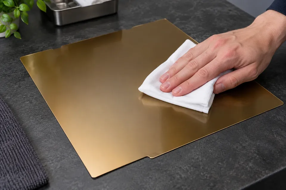Hand wiping a removable PEI print sheet with a folded clean white cloth.