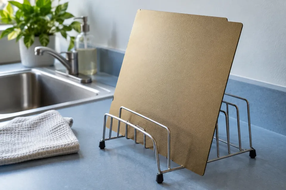 Removable PEI steel sheet standing dry in a rack beside a utility sink.