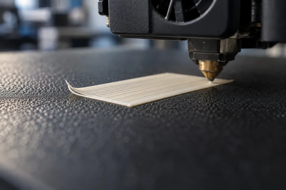 A loose edge of a pale PLA first-layer patch beneath a printer nozzle on textured PEI.