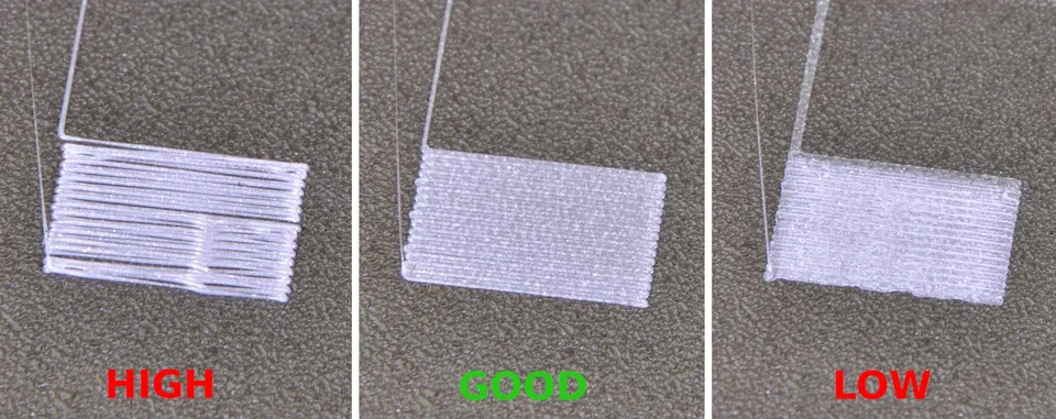 Three white first-layer patches labeled high, good and low in Prusa’s calibration example.