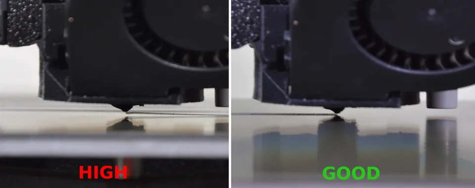 Side views of a Prusa nozzle and deposited filament labeled high and good.